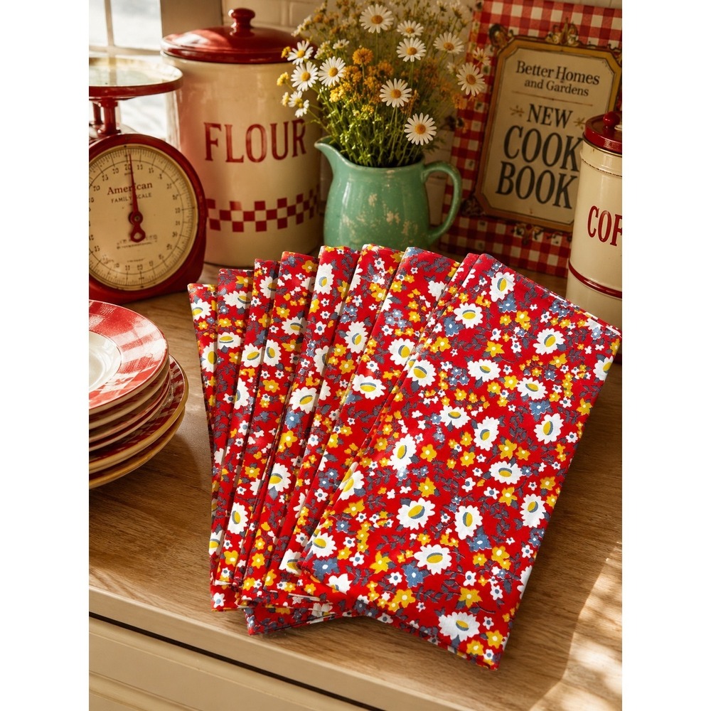Vintage Red Floral Napkins Set of 8 Ditsy Print Cottagecore 17x17.5‎ Square